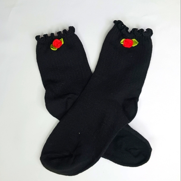 Black Lettuce Ruffle Crew Cut Socks with Satin Red Rose. - Picture 1 of 3